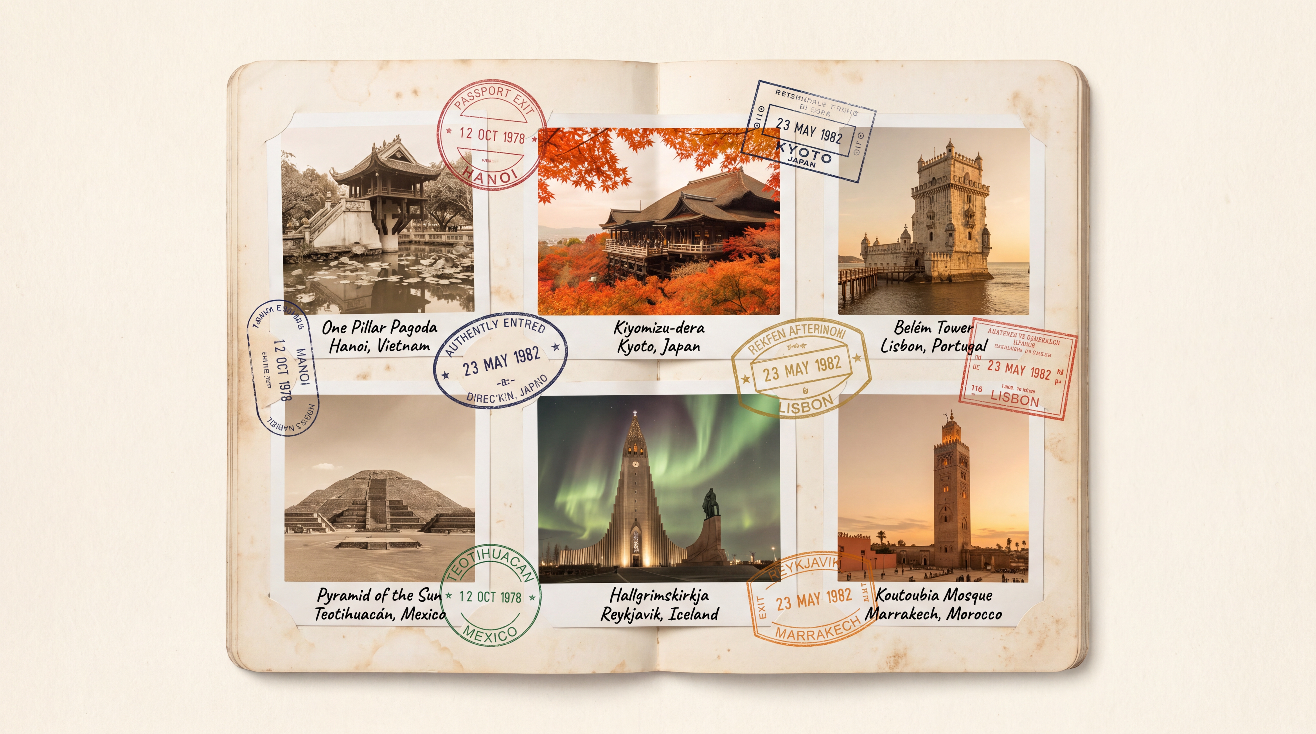 Passport spread with monument photographs: One Pillar Pagoda Hanoi, Kiyomizu-dera Kyoto, Belém Tower Lisbon, Pyramid of the Sun Teotihuacán, Hallgrímskirkja Reykjavik, Koutoubia Mosque Marrakech — overlaid with vintage entry stamps.